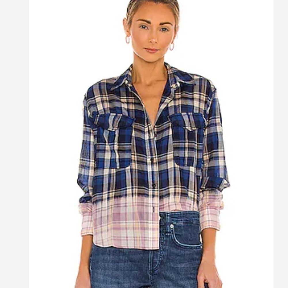 Rag & bone shirt Florian crop hi low plaid ombré fade small oversized